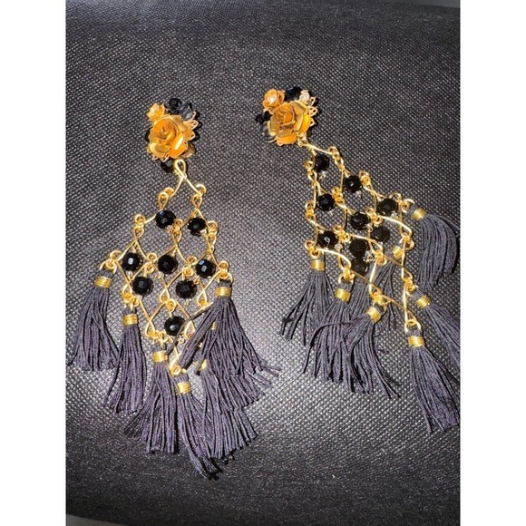 Statement Earrings Black Beaded Tassel Dangle Clip On Gold Rose Party - Picture 1 of 6